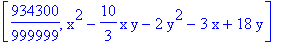[934300/999999, x^2-10/3*x*y-2*y^2-3*x+18*y]